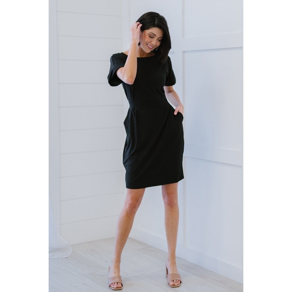 Zenana Smooth Talker Tie-Waist Dress Black Short Sleeve Pockets Stretchy - Picture 2 of 16